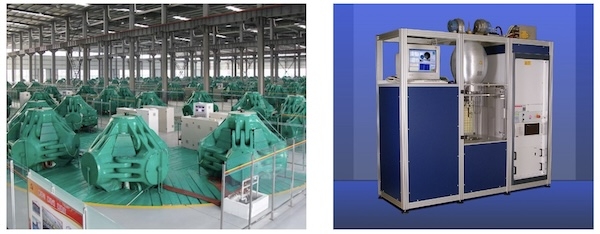 A comparison of two different lab diamond growth technologies. The left side shows an industrial-scale HPHT (High Pressure High Temperature) factory with multiple large green presses, while the right side displays a smaller CVD (Chemical Vapor Deposition) reactor, which is more compact and operates under different conditions.